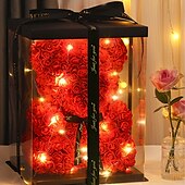 cheap Wedding Decorations-Rose Bear Artificial Foam Flowers with LED Light &amp; Plastic Gift Box- Perfect Romantic Gift for Mother&#039;s Day, Anniversary, Wedding, Birthday, Thanksgiving, and Christmas 25cm/10inch
