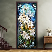 billiga Dörröverdrag-målat glas lilja dörr täcker väggmålning dekor dörr gobeläng dörr gardin dekoration bakgrund dörr banderoll avtagbar för ytterdörr inomhus utomhus hem rum dekoration bondgård dekoration tillbehör