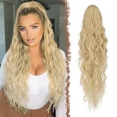 voordelige Paardenstaarten-lang krullend golvend trekkoord paardenstaart extensions clip in golvend synthetische haarstukken trekkoord paardenstaarten haarstuk paardenstaart extensie voor vrouwen asblond 26 inch