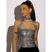 cheap Sexy Costumes-Metallic Sparkle Sexy Crop Tank Top Sheer Mesh Rhinestone Cover Up Disco Solid Color Deep V Women&#039;s Carnival Party Club Adults&#039; Tank Top