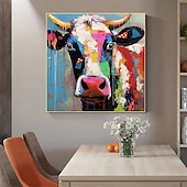 cheap Animal Paintings-Hand-painted Colorful Cow Painting on Canvas Palette Knife Heavy Textured Painting Square Wall POP Art Farmhouse Cattle Artwork Gift No Frame