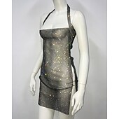 cheap Sexy Costumes-Metallic Sparkle Sexy Mini Dress Sheer Mesh Rhinestone Cover Up Disco Solid Color Women&#039;s Party Club Adults&#039; Dress Summer Spring