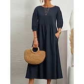Недорогие Основные искусственные платья-Жен. Платье средней длины Искусственный хлопок и лен Платье прямого кроя Свободное платье Однотонный Классический На каждый день Отпуск Подарок Праздники Свободное облегание Рукав 3/4 Вырез под горло