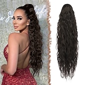 voordelige Paardenstaarten-lang krullend golvend trekkoord paardenstaart extensions clip in golvend synthetische haarstukken trekkoord paardenstaarten haarstuk paardenstaart extensie voor vrouwen asblond 26 inch