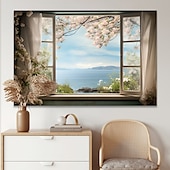 abordables Impresiones de Paisajes-Paisaje pared arte lienzo ventana falsa primavera flores de cerezo impresiones y carteles fotos tela decorativa pintura para sala de estar fotos sin marco