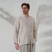baratos camisas de linho de luxo-100% Linho Bolsos Homens Camisa Social camisa de linho Preto Branco Azul Escuro Manga Longa Tecido Colarinho Clerical Primavera &amp; Outono Ao ar livre Diário Roupa