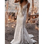  Strand Trouwen Strand Open Rug Sexy Boho Trouwen Jurken Zeemeermin V Hals Mouwloos Court Train Kanten Bruidsjurken Met Applicaties