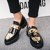 preiswerte Herrenpantoletten &amp; -slipper-Herren-Loafer aus schwarz-goldenem Lackleder mit Quastendetails und robuster Sohle für formelle und legere Anlässe