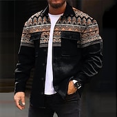 cheap Men&#039;s Shirt Jacket-Men&#039;s Tribal Geometry Bandana Print Shirt Shirt Jacket Long Sleeve Vintage Casual Tribal Outdoor Street Casual Daily Fall &amp; Winter Turndown Buttons Pocket Print Black Blue Brown