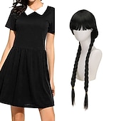 olcso Klasszikus horror-felnőttek szerdai addams ruha Addams családi női gót gótikus flare ruha film cosplay jelmez buli kis fekete ruha maszlag szerdával addams paróka aranyos természetes puha haj paróka sapka fonatok