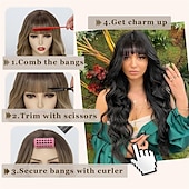 economico Parrucche trendy sintetiche-parrucca nera con frangia per donna parrucche ondulate lunghe parrucca sintetica riccia capelli dall&#039;aspetto naturale parrucche resistenti al calore per l&#039;uso quotidiano nelle feste