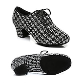 abordables Chaussures de danses latines-Chaussures de danse latine en tweed pour femmes – Chaussures à talons à lacets avec semelle en daim pour danseuses professionnelles