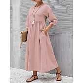 Недорогие Основные искусственные платья-Жен. Платье средней длины Искусственный хлопок и лен Платье прямого кроя Свободное платье Однотонный Классический На каждый день Отпуск Подарок Праздники Свободное облегание Рукав 3/4 Вырез под горло
