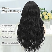 economico Parrucche trendy sintetiche-parrucca nera con frangia per donna parrucche ondulate lunghe parrucca sintetica riccia capelli dall&#039;aspetto naturale parrucche resistenti al calore per l&#039;uso quotidiano nelle feste