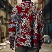 cheap Men&#039;s Shirt Jacket-Men&#039;s Paisley Shirt Shirt Jacket Overshirt Long Sleeve Vintage Boho Daily Wear Going out Weekend Fall &amp; Winter Turndown Pocket Print Button-Down Black Burgundy