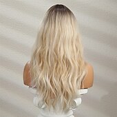 halpa Synteettiset trendikkäät peruukit-pitkä blondi peruukki otsatukkailla pitkä kihara aaltoileva blondi peruukki naisille sekoitettu blondi pitkä synteettinen peruukki