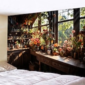 Недорогие пейзаж гобелен-цветы на окне настенный гобелен настенное искусство большой гобелен фреска декор фотография фон одеяло занавеска для дома спальня гостиная украшения