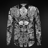 cheap Vintage Shirt-Men&#039;s Skull Geometric Pattern Shirt Button Up Shirt Long Sleeve Abstract Gothic Carnival Daily Wear Going out Fall &amp; Winter Turndown Print Button-Down Red Blue Purple Green Light Grey