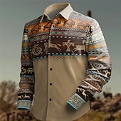 abordables chemises western pour hommes-Homme Ethnique Chemise Chemise Western Chemise de cow-boy manche longue Rétro Vintage Tribal Vacances Usage quotidien Sortie Automne hiver Col rabattu Imprimer Bouton bas Toison Bleu Marron Gris