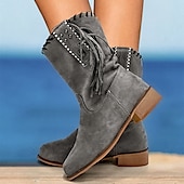 cheap Cowboy &amp; Western Boots-Women&#039;s Beige Suede Western Boots with Fringe and Studded Details – Casual Cowgirl Style for Outdoor and Festival Wear