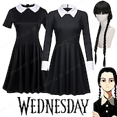 olcso Klasszikus horror-felnőttek szerdai addams ruha Addams családi női gót gótikus flare ruha film cosplay jelmez buli kis fekete ruha maszlag szerdával addams paróka aranyos természetes puha haj paróka sapka fonatok