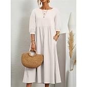 Недорогие Основные искусственные платья-Жен. Платье средней длины Искусственный хлопок и лен Платье прямого кроя Свободное платье Однотонный Классический На каждый день Отпуск Подарок Праздники Свободное облегание Рукав 3/4 Вырез под горло