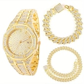 cheap Quartz Watches-3pcs/set HipHop Mens Rhinestone Watch &amp; Necklace &amp; Bracelet Set, Christmas Gift