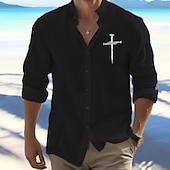 voordelige Vakantie-Voor heren Overhemd Strand hemd Overhemd met knopen Geloof Buiten Vakantie Zwart Wit Oranje Licht Grijs Lange mouw Opstaande boord Lente &amp; Herfst Kleding Afdrukken