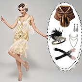 billige Antrekk-sett med midi flapper kjole fjær pannebånd fuskepels sjal halskjede øredobber lange operahansker kvinners brølende 20-tallet 1920-talls antrekk flapper jente cocktail maskeradefest karneval