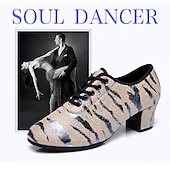 cheap Latin Shoes-Women&#039;s Glitter Dance Shoes with Animal Print, Lace-Up Design, and Comfortable Low Heels for Ballroom, Latin, or Party