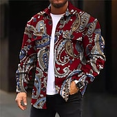 cheap Men&#039;s Shirt Jacket-Men&#039;s Paisley Shirt Shirt Jacket Overshirt Long Sleeve Vintage Boho Daily Wear Going out Weekend Fall &amp; Winter Turndown Pocket Print Button-Down Black Burgundy