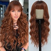 economico Parrucche trendy sintetiche-parrucca nera con frangia per donna parrucche ondulate lunghe parrucca sintetica riccia capelli dall&#039;aspetto naturale parrucche resistenti al calore per l&#039;uso quotidiano nelle feste