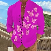 economico Uccelli &amp; Animali-Per uomo Farfalla Camicia Manica lunga Informale Da tutti i giorni Per uscire Fine settimana Primavera estate Colletto Mao Stampa Bottone giù Nero Bianco Blu Viola Fucsia