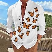 economico Uccelli &amp; Animali-Per uomo Farfalla Camicia Manica lunga Informale Da tutti i giorni Per uscire Fine settimana Primavera estate Colletto Mao Stampa Bottone giù Nero Bianco Blu Viola Fucsia