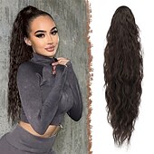 voordelige Paardenstaarten-lang krullend golvend trekkoord paardenstaart extensions clip in golvend synthetische haarstukken trekkoord paardenstaarten haarstuk paardenstaart extensie voor vrouwen asblond 26 inch