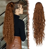 voordelige Paardenstaarten-lang krullend golvend trekkoord paardenstaart extensions clip in golvend synthetische haarstukken trekkoord paardenstaarten haarstuk paardenstaart extensie voor vrouwen asblond 26 inch
