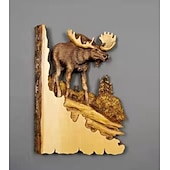 abordables Estatuas-Escultura colgante de pared artesanal tallada en animales, decoración pintada a mano de ciervo, oso mapache de madera, para la sala de estar del hogar