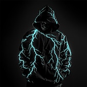 cheap Men&#039;s 3D Hoodies-Men&#039;s Graphic Prints Lightening Hoodie Hoodies Sweatshirt Zip Hoodie Long Sleeve Hooded Sweatshirt Hooded Sports 3D Print Holiday Vacation Streetwear White Blue Pocket Print Spring &amp;  Fall Designer