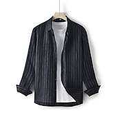 cheap Luxury Linen Shirts-100% Linen Men&#039;s Shirt Linen Shirt Button Up Shirt Black Navy Blue Long Sleeve Stripes Lapel Spring &amp;  Fall Outdoor Daily Clothing Apparel