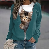 baratos Animais Tops-moletom feminino plus size, pulôver, gato, rua, casual, esportivo, básico, gola redonda, manga comprida, top microelástico, outono&amp;amp;tecido macio respirável e confortável para o inverno