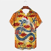 cheap Animal Print-New Year Men&#039;s Dragon Shirt Button Up Shirt Short Sleeve Casual Daily Wear Going out Weekend Autumn / Fall Turndown Print Button-Down Yellow Red Burgundy