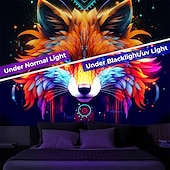 cheap Blacklight Tapestries-Blacklight Tapestry UV Reactive Glow in the Dark Glow Party Neon Fox Animal Nature Psychedelic Trippy Misty Hanging Tapestry Wall Art Mural for Living Room Bedroom