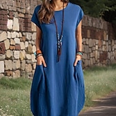 abordables concevoir des robes en coton et lin-Femmes Noir Blanche bleu marine Été Printemps Robe Midi Robes inspirées du lin Robe Décontractée Robe fourreau Classique Occasionnel Extérieur Vacances Quotidien Coupe régulière Couleur Unie Col ras