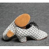 abordables Chaussures de danses latines-Chaussures de danse latine en tweed pour femmes – Chaussures à talons à lacets avec semelle en daim pour danseuses professionnelles