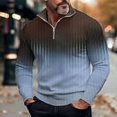 billiga Geometrisk pikétröja för män-Herr Randig Färggradient Zip Polo Golf pikétröjor Långärmad Polotröjor Blixtlås Ledigt Utomhus Ledigt / vardag Streetwear 3D Mönster Höst vinter Blå Grön Kaki