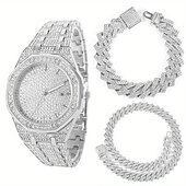 cheap Quartz Watches-3pcs/set HipHop Mens Rhinestone Watch &amp; Necklace &amp; Bracelet Set, Christmas Gift