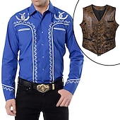 cheap Wild West-Set with West Cowboy Shirt PU Waistcoat Vest Men&#039;s 2 PCS Outfits Long Sleeve Casual Button Down Shirt Retro Vintage Party Carnival Cosplay Costume