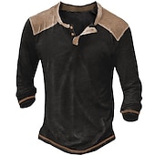 preiswerte Lässiges Henley-T-Shirt-Herren T-Shirt mit Knöpfen T Shirt Henley Hemd Langarmshirt Langarm V Ausschnitt Frühling &amp; Herbst Farbblock Designer Basic Lässig Button-Down Straße Sport Ferien Schwarz Marineblau Khaki Top T-Shirt