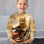 billiga Pojkens 3D-djur-Pojkar 3D Katt Tröja Pullover Långärmad 3D-tryck Vår Höst Mode Streetwear Häftig Barn 3-12 år Rund hals Utomhus Ledigt Dagligen Normal