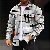 economico giacca camicia da uomo-Per uomo Geometrica Geometria Graduale Camicia Giacca da camicia Sovracamicia Manica lunga Informale Esterno Strada Casual / quotidiano Autunno inverno Collo ripiegabile Bottoni Tasche Stampa Rosso
